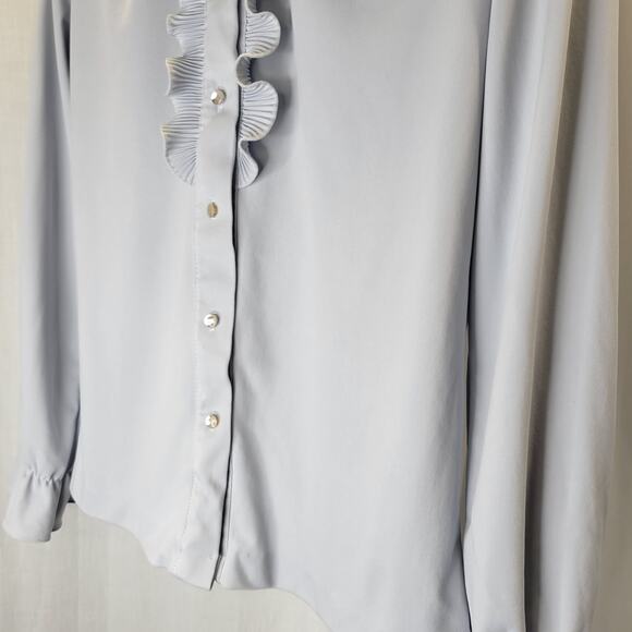 Contemporary Classics Vintage Blue Gray Ruffle Blouse Stand-up Collar, S - Picture 10 of 14